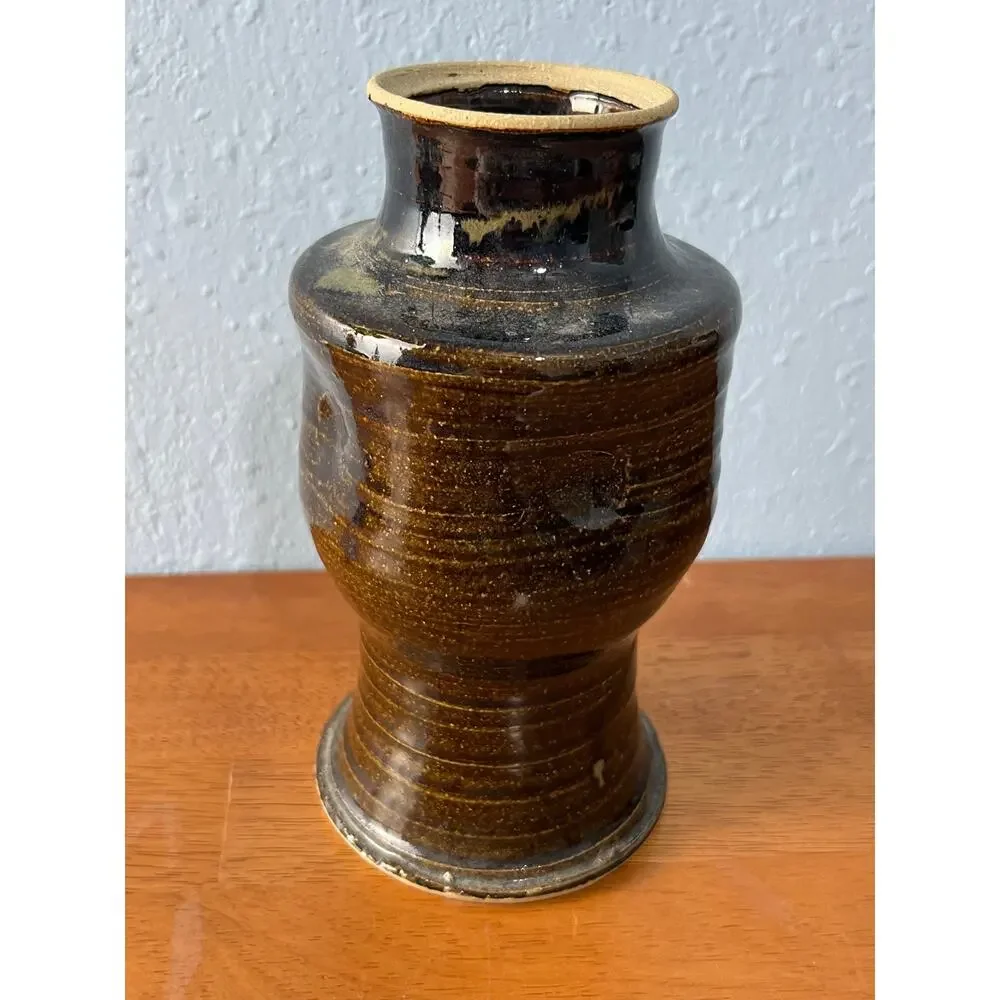 VTG Art Pottery Vase Hand Thrown Brown Glazed Stoneware Signed